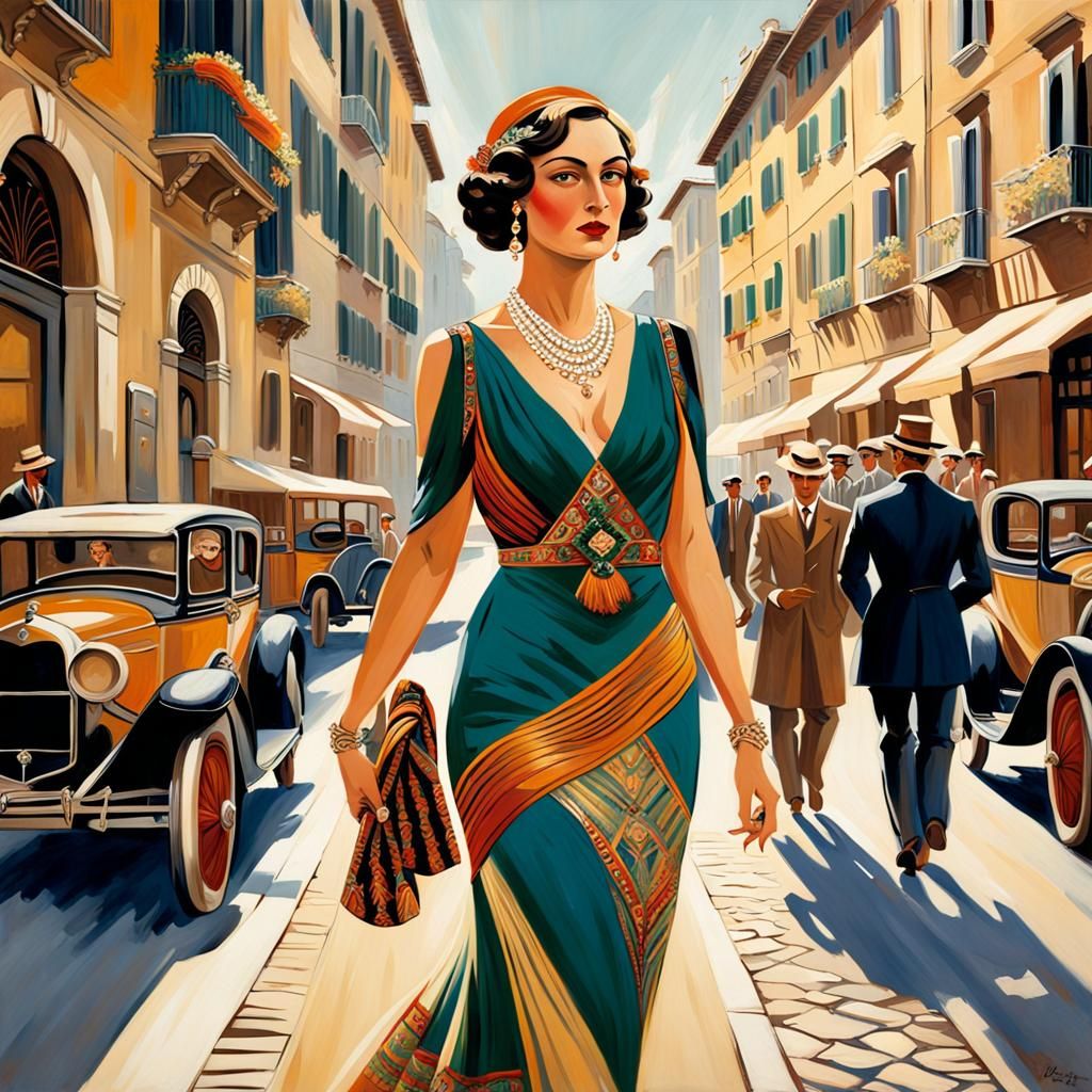 A stunning art deco painting transports you back to 1920s Italy.