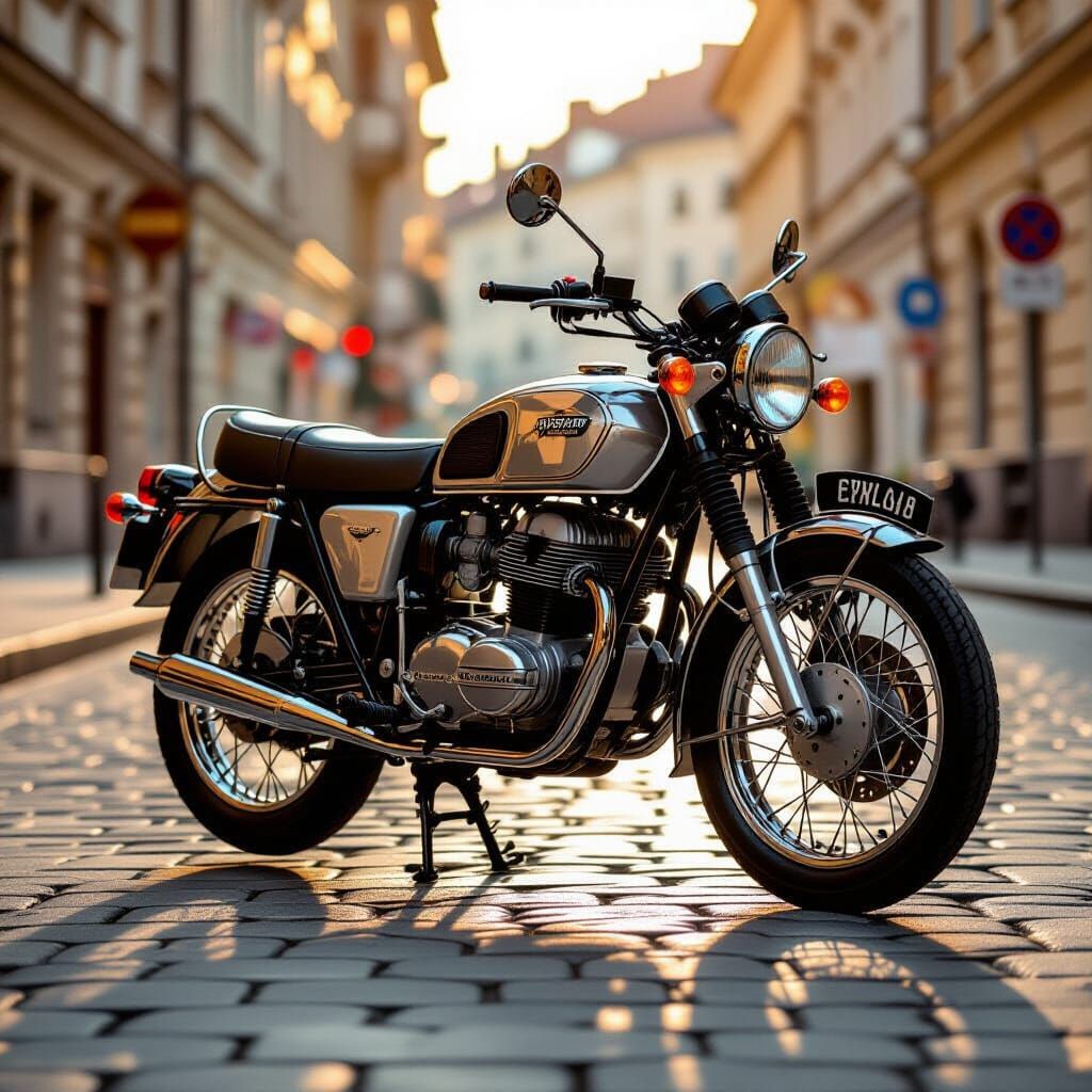 1970s Czech Motorcycle on Cobblestone Street