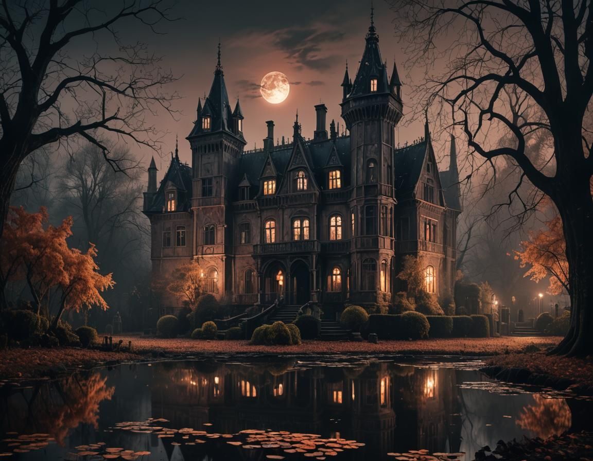 Creepy Gothic Manor with Black Pond
