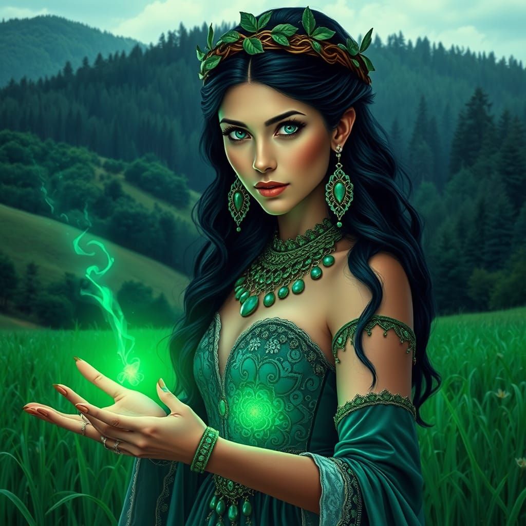 Regal Nature Mage in Emerald Green Attire