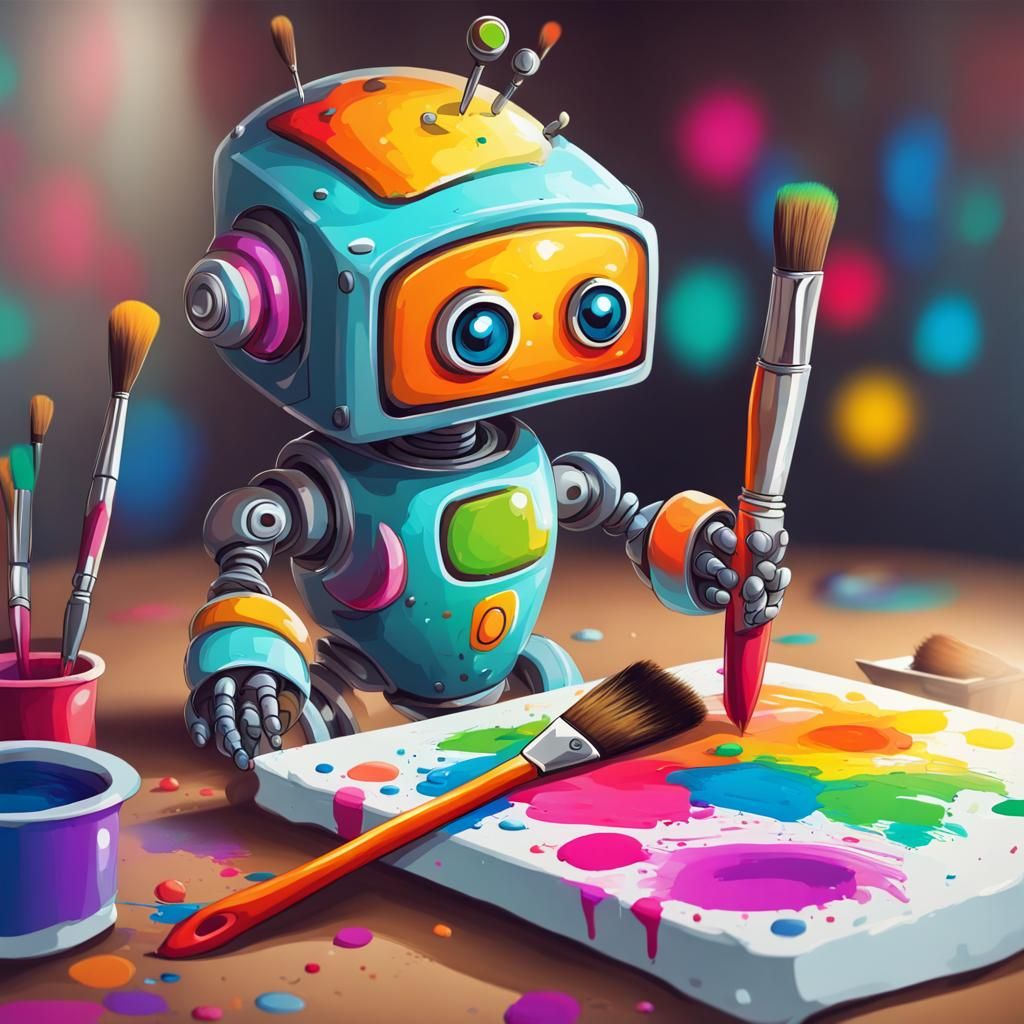 Very cute robot painting a colorful picture with a brush ful...