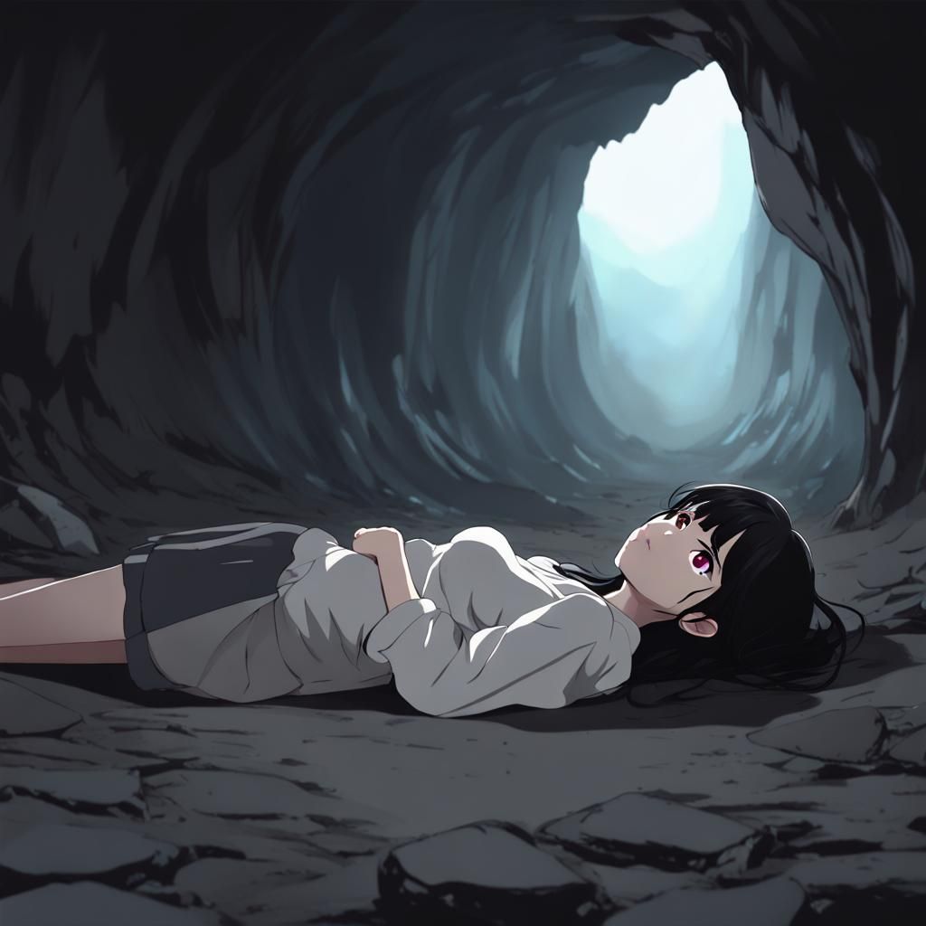 Depressed Anime Girl in Dark Cave
