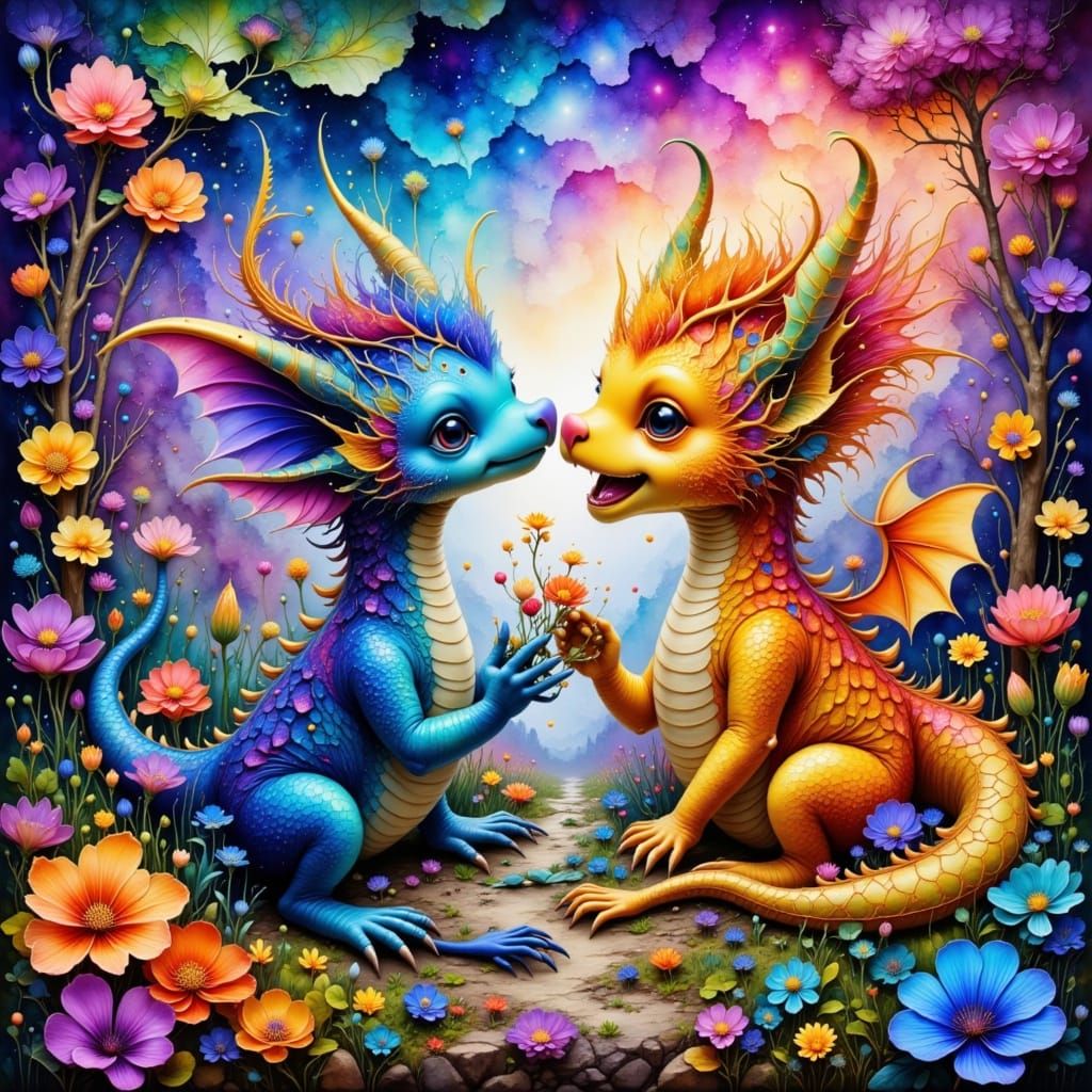 Dragons Play in Vibrant Flower Landscape