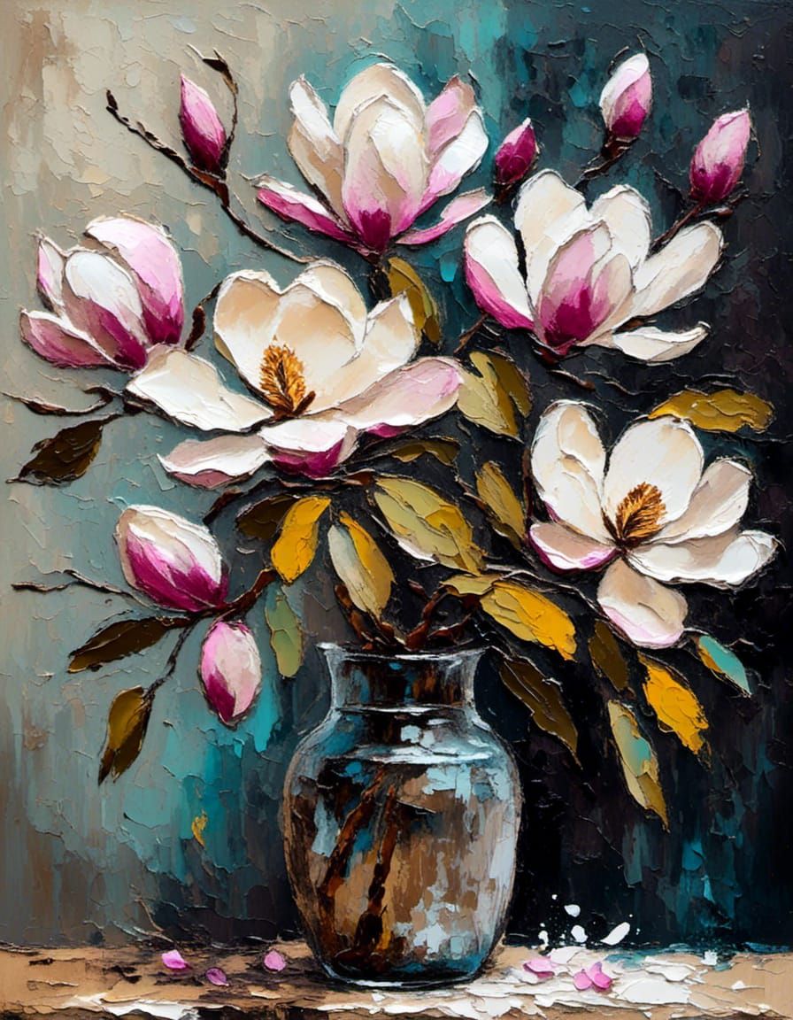 Stems of Magnolia Flowers in Clear Glass Vase Half Filled wi...