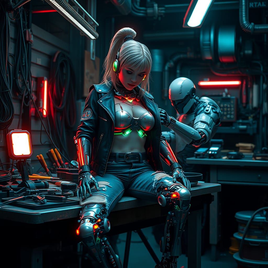Cyborg Girl's Cybernetic Repair: Sci-Fi Industrial Scene