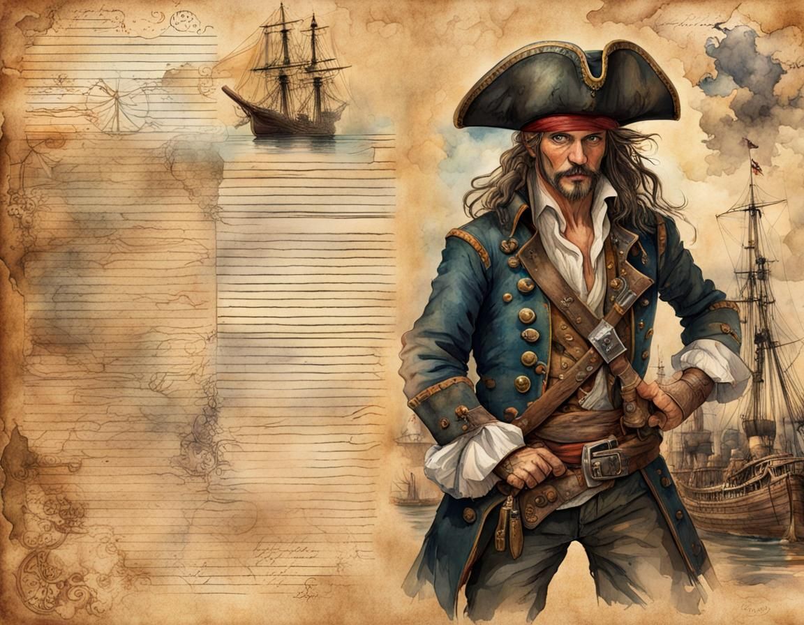 Old Pirate in Watercolor with Map and Journal