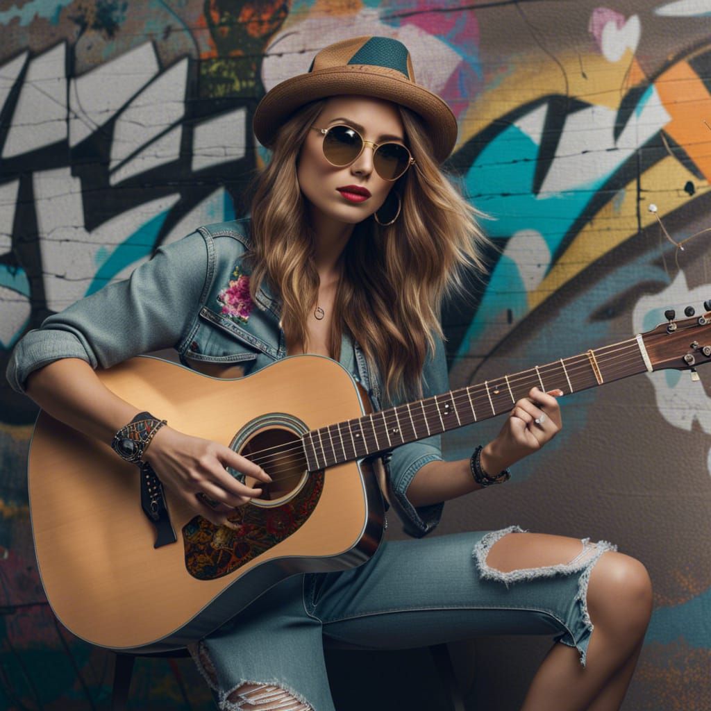 Beauty in trendy fashion is playing Guitar
