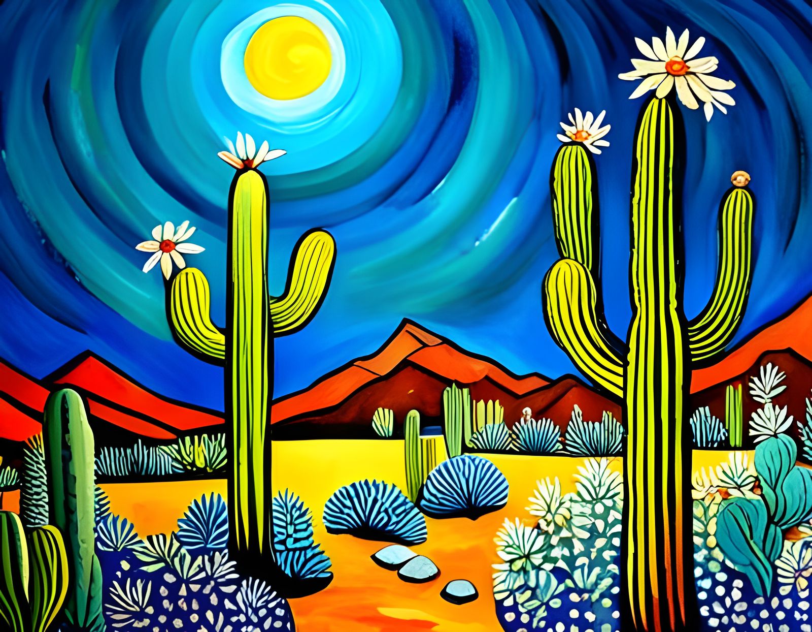 Saguaro Flowers under Moonlight
