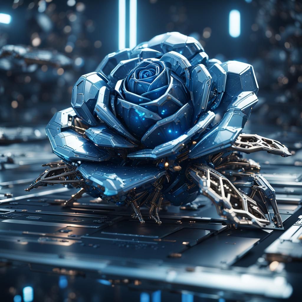 Futuristic Blue Rose with Mechanical Details