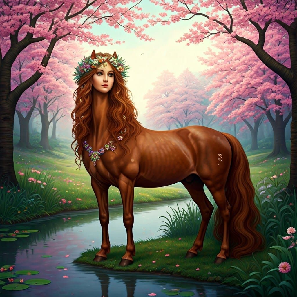 Majestic Centaur in Romantic Blossom Landscape