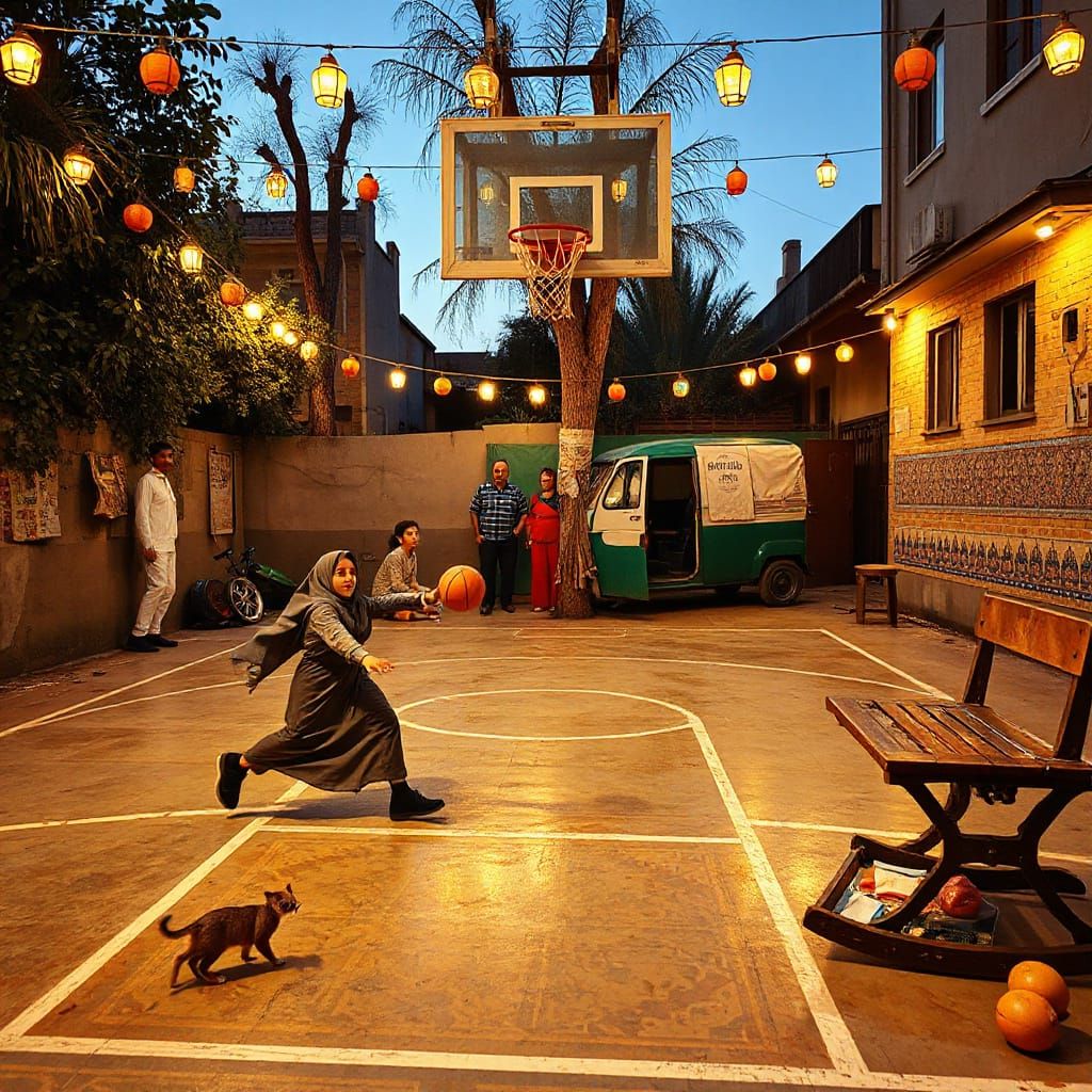 Vibrant Street Basketball Game in Persian Courtyard