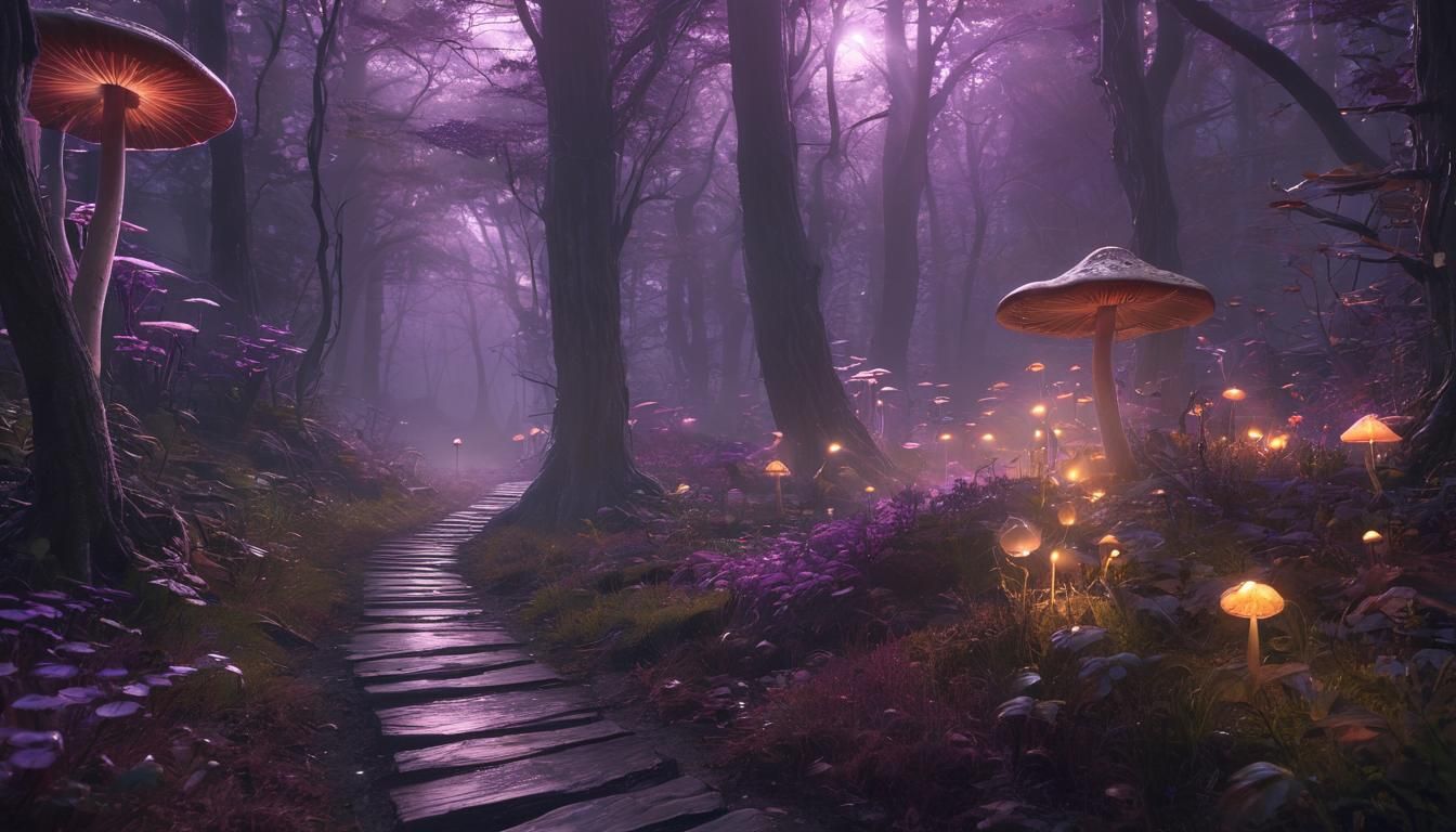 Magical Mushrooms on Forest Path in Dark Fantasy Style