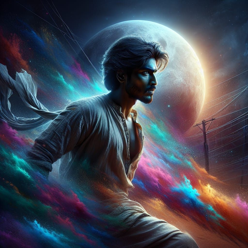 South Asian Man Walks in Moonlit Desert