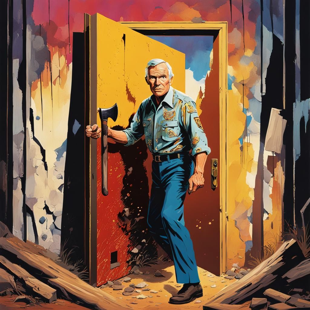 Hyperrealistic Man with Axe Behind Broken Door