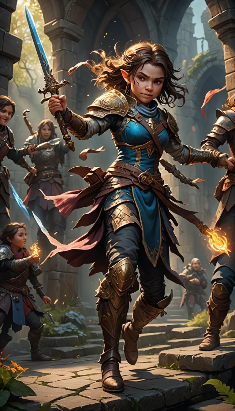 Halfling Bard Dances with Magic Sword in Armor