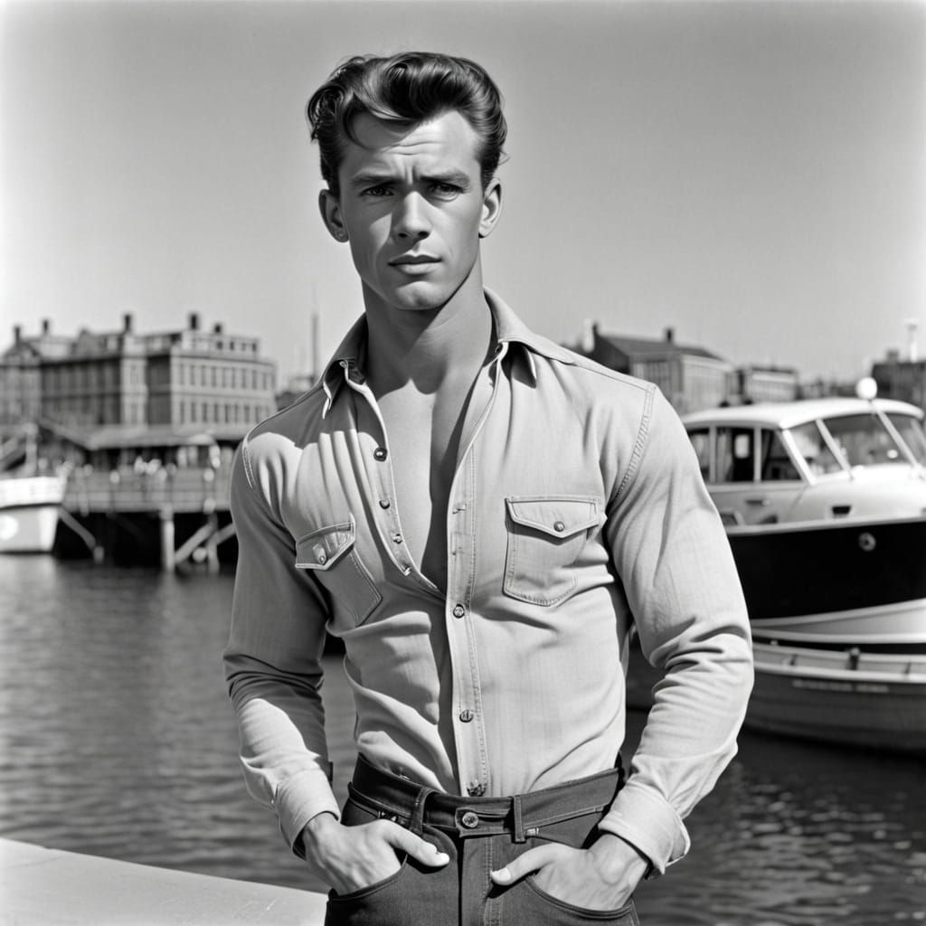 1950s Noir Film Scene: Muscular Man at Waterfront
