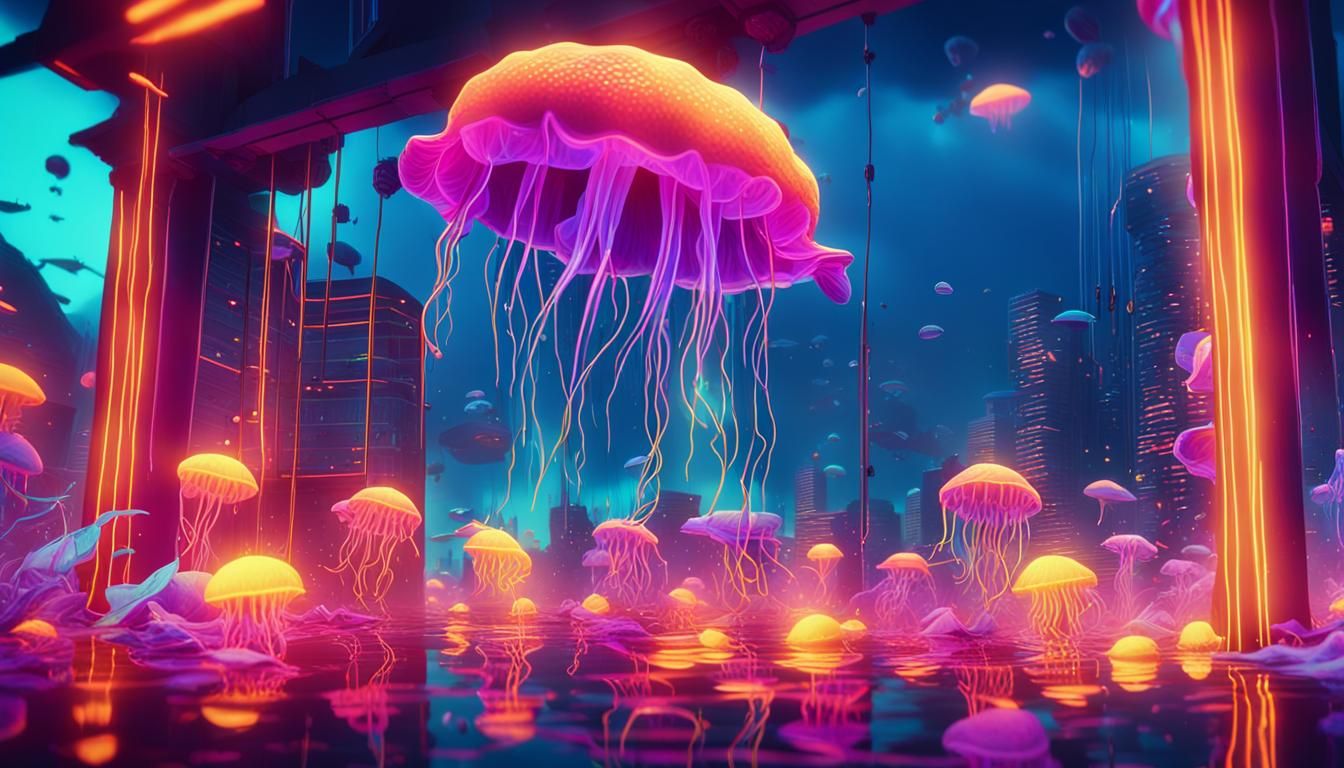 Cyberpunk Underwater Cityscape with Bioluminescent Life
