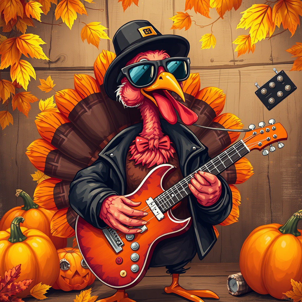 Thanksgiving Turkey Rocking Guitar in Whimsical Style