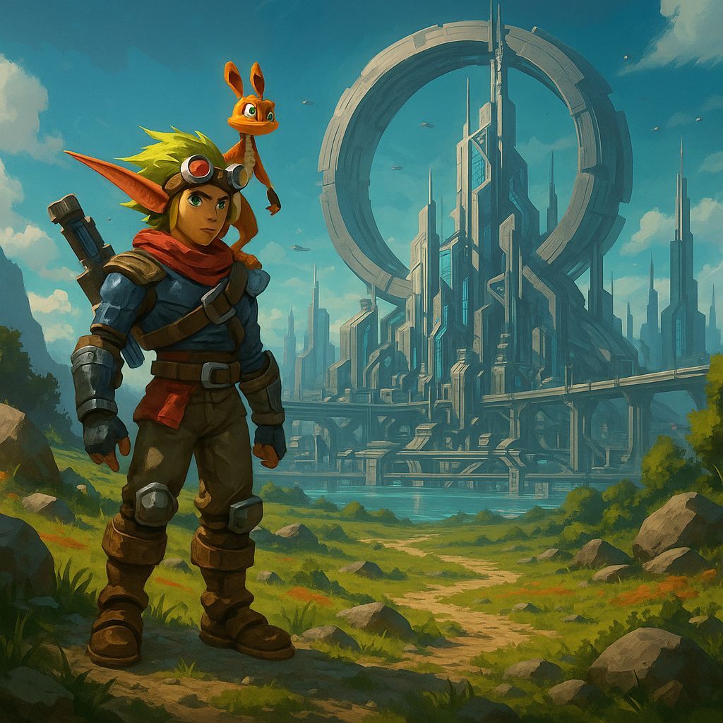 Jak and Daxter exploring outside Haven City futuristic style