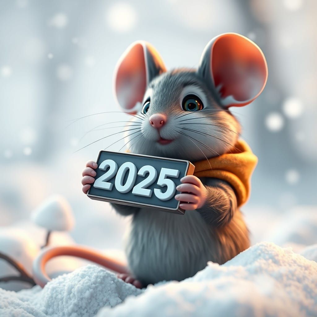 Whimsical Mouse in Snowy Wonderland with 2025 Tag