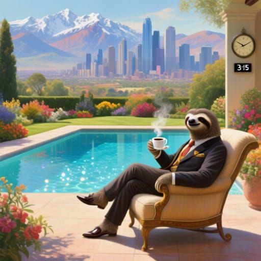 Wealthy Sloth Enjoys Coffee by Pool in Hyperrealistic Painti...
