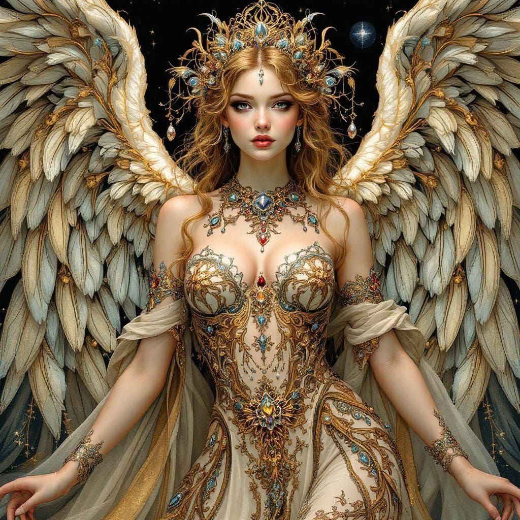 Fantasy Angel with Jewels in Art Nouveau Style