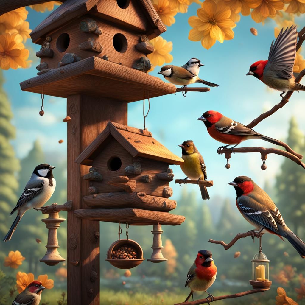 Lush Nature Scene with Birds and Birdhouses