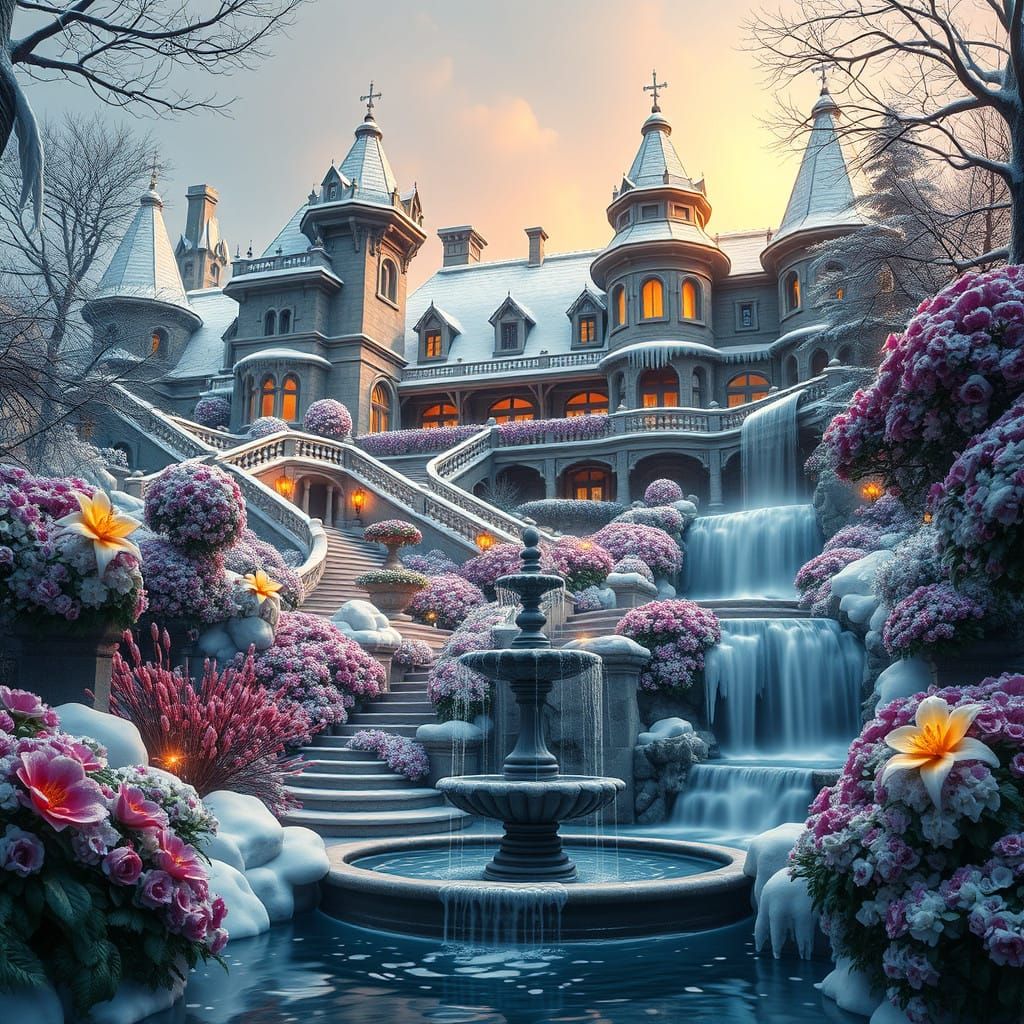 Fantasy Mansion in a Snowy, Vibrant Garden with Waterfall an...