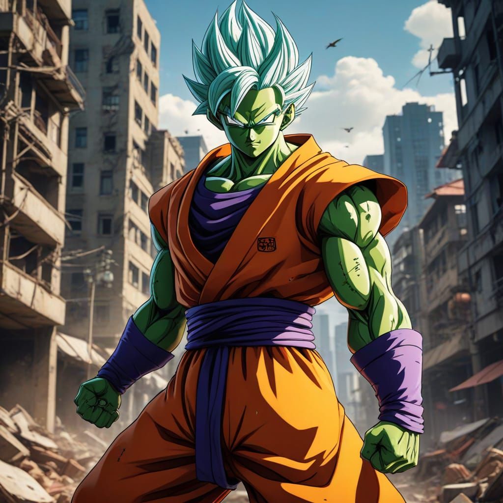Manga-Style Hero Piccolo Prepares for Battle in a Ruined Cit...