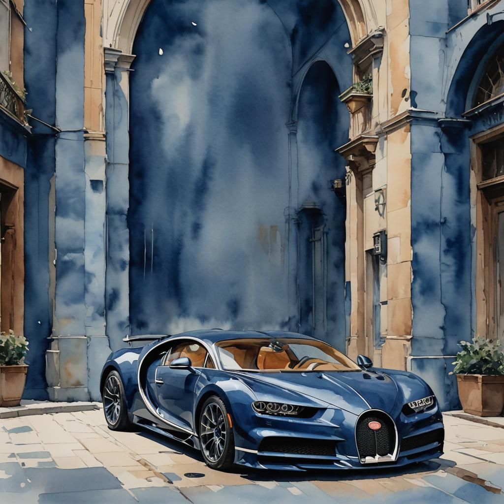 Navy Blue Bugatti Chiron in Gouache Style