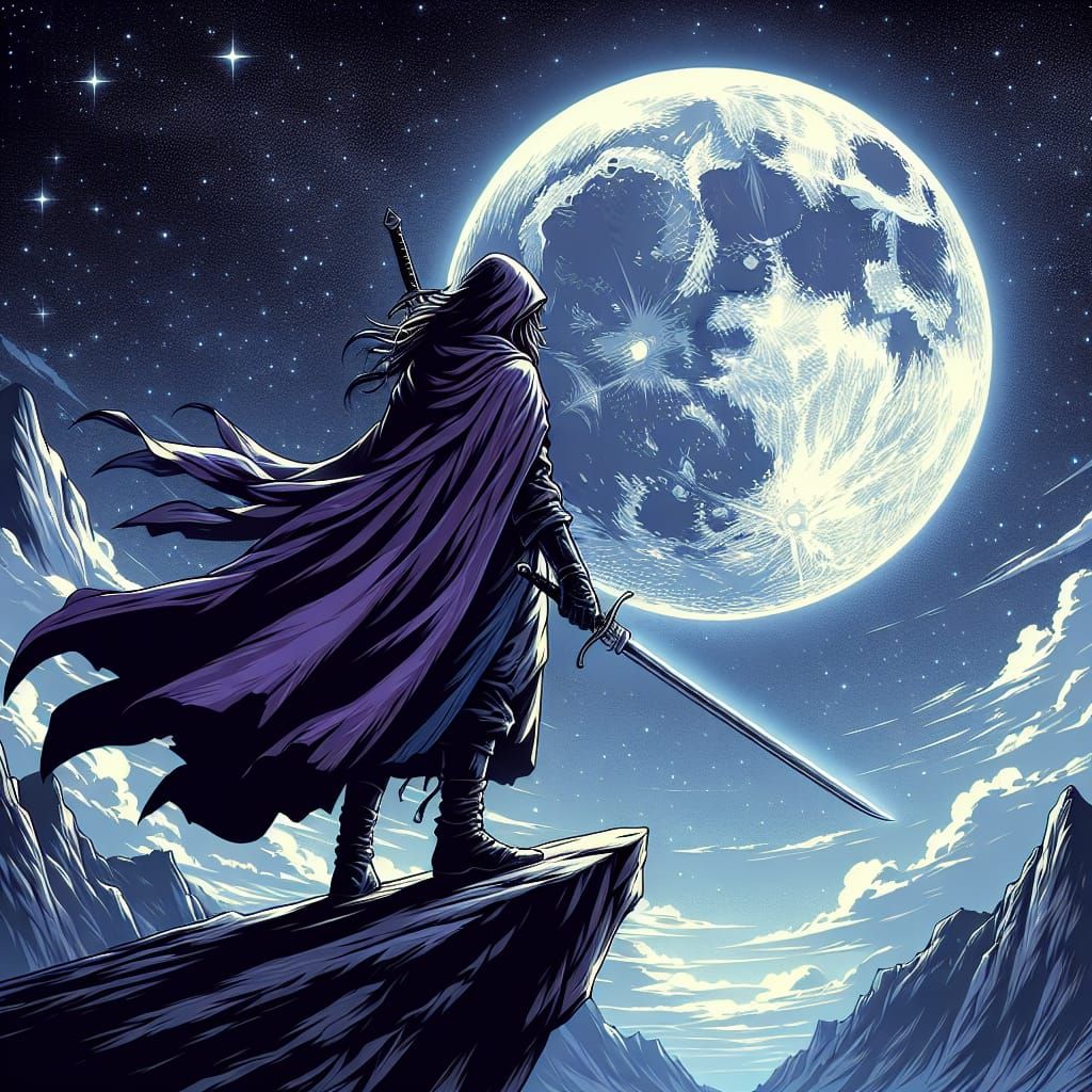 Adventurous Warrior on Cliffside Under Moonlit Sky