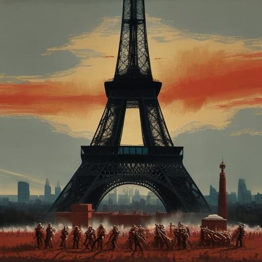 Pickles and Soldiers on Eiffel Tower: Surreal Oil Painting