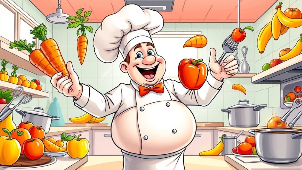 Cheerful Chef Juggling Produce in Comic Book Style