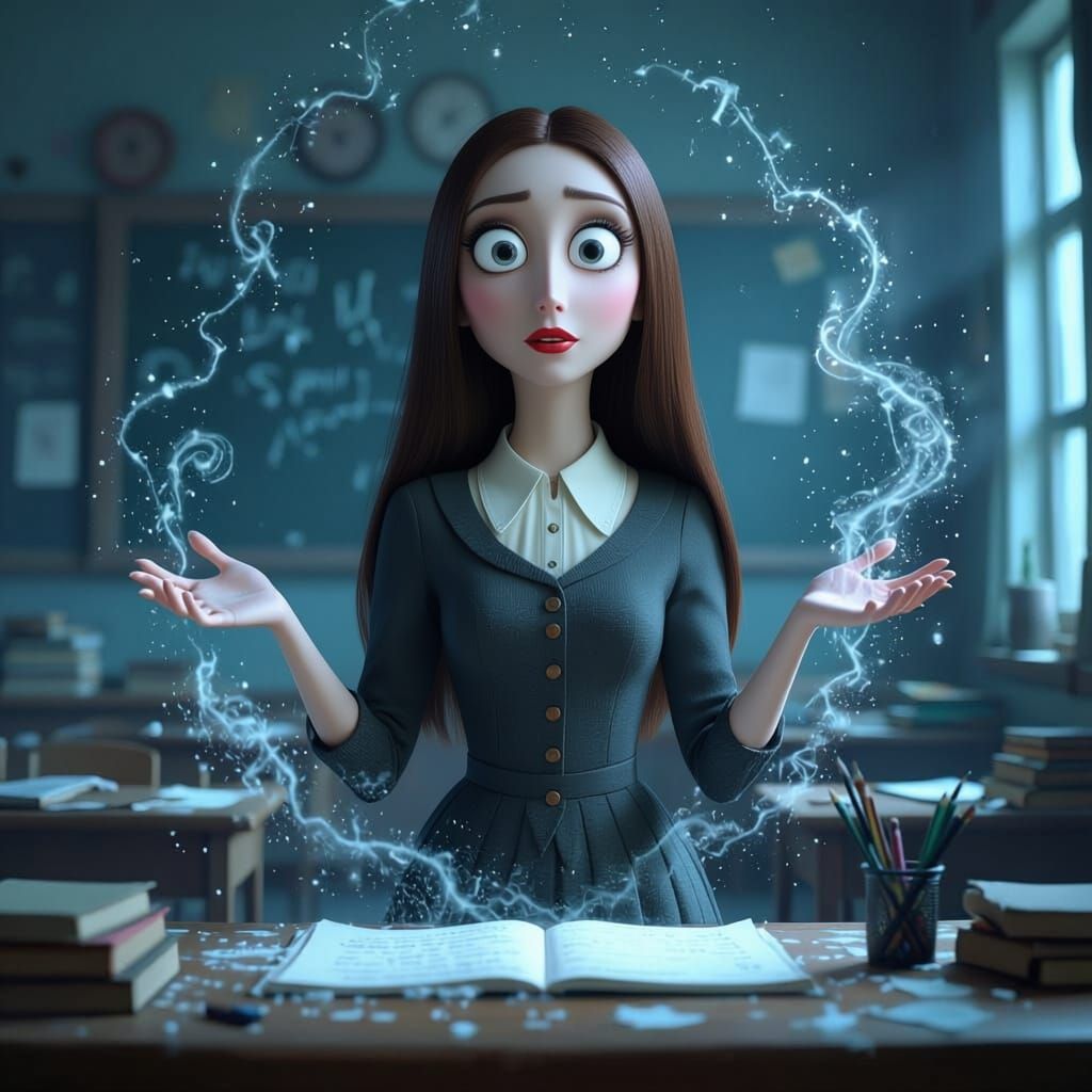Tim Burton Style 3D Animation Teacher in Whimsical Classroom