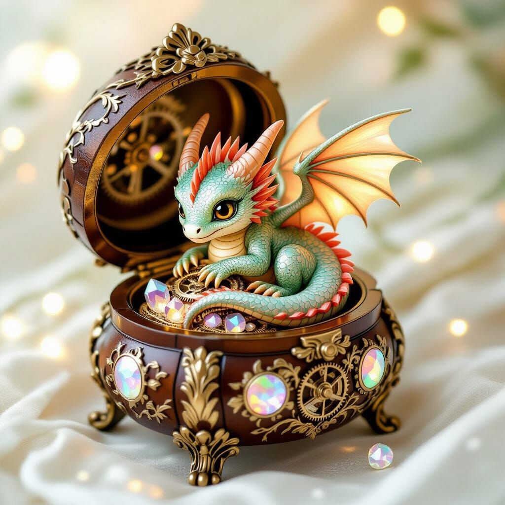 Dragon Hatchling in Music Box, Dreamy Fantasy Art