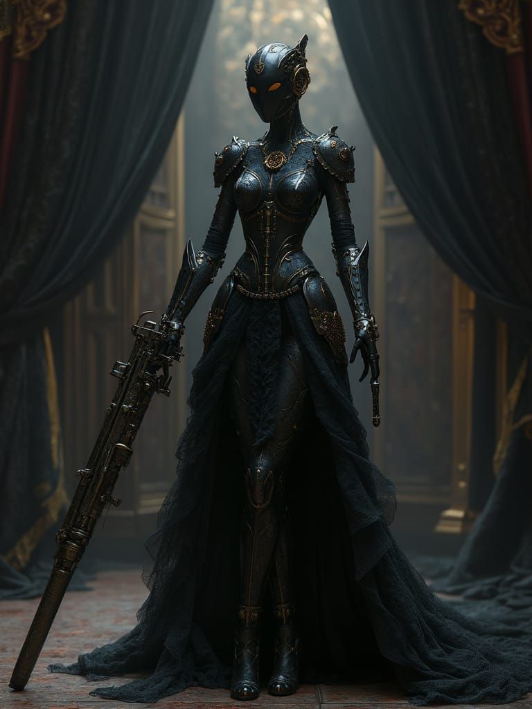 Steampunk Robot Assassin in Elegant Black Lace Armor
