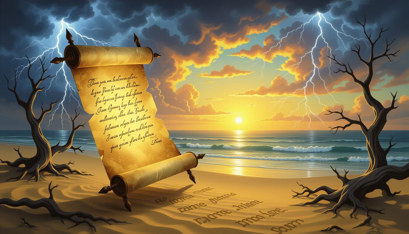 Surreal Scroll Amidst Storm and Sunrise: Dreamlike Art