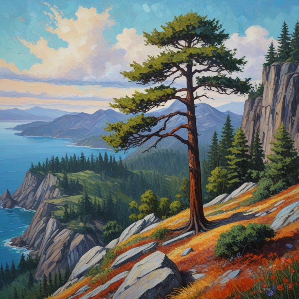 Vibrant Redwood Tree in Neo-Impressionist Oil Painting