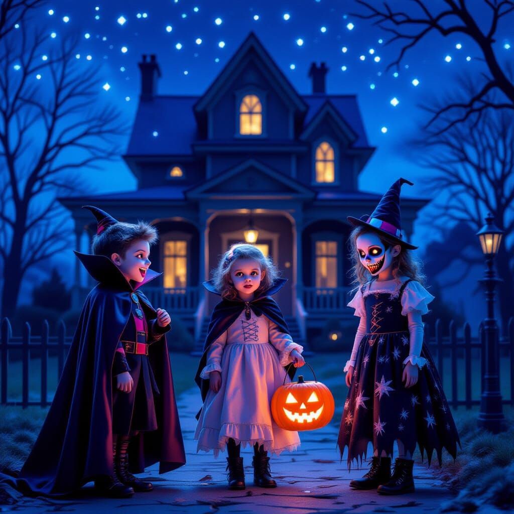 Whimsical Spooky Halloween Night with Unique Trick-or-Treate...