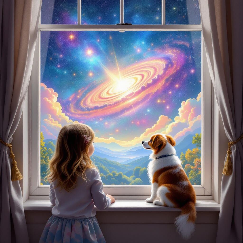 Little Girl and Dog Gaze at Colorful World