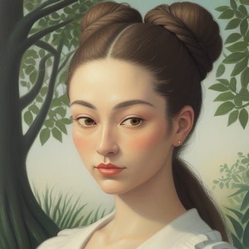 Naive Art Portrait: Woman with Bun in Oil Paint