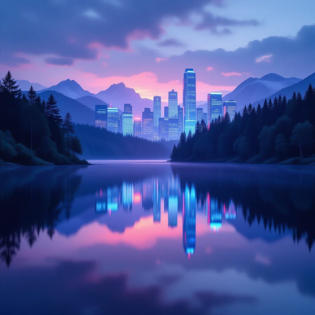 Surreal Lake Reflection: Forest Above, City Below