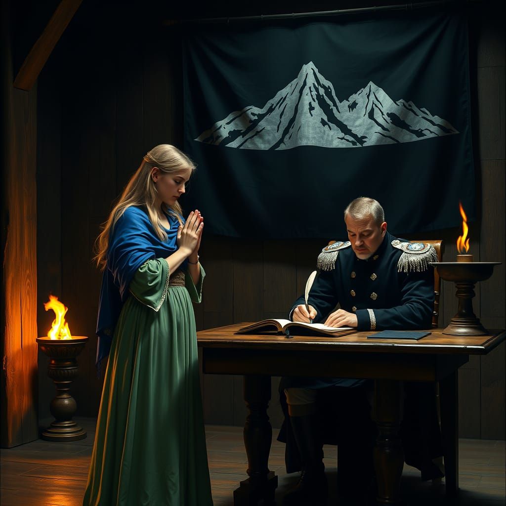 Medieval Woman Pleads with Military Clerk in a Dimly Lit Alc...