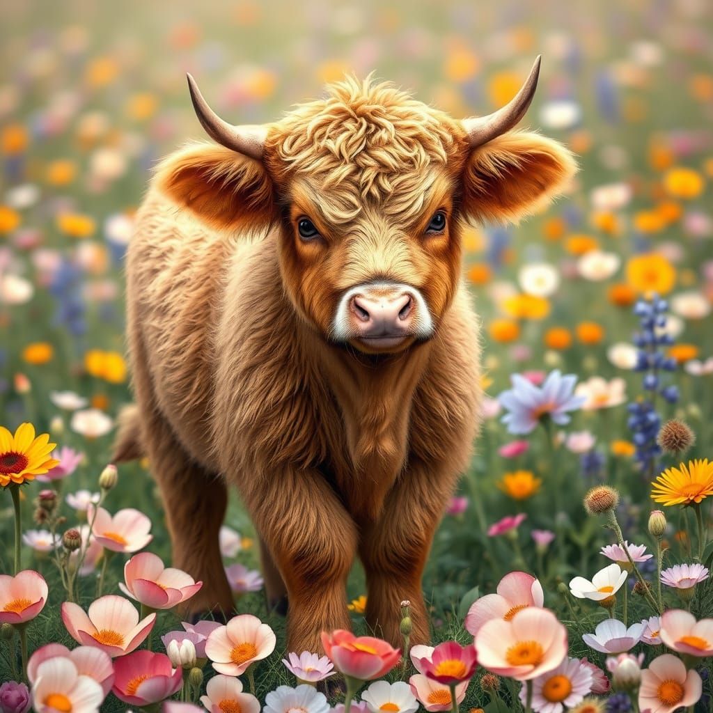 Baby Highland Cow in a Floral Meadow