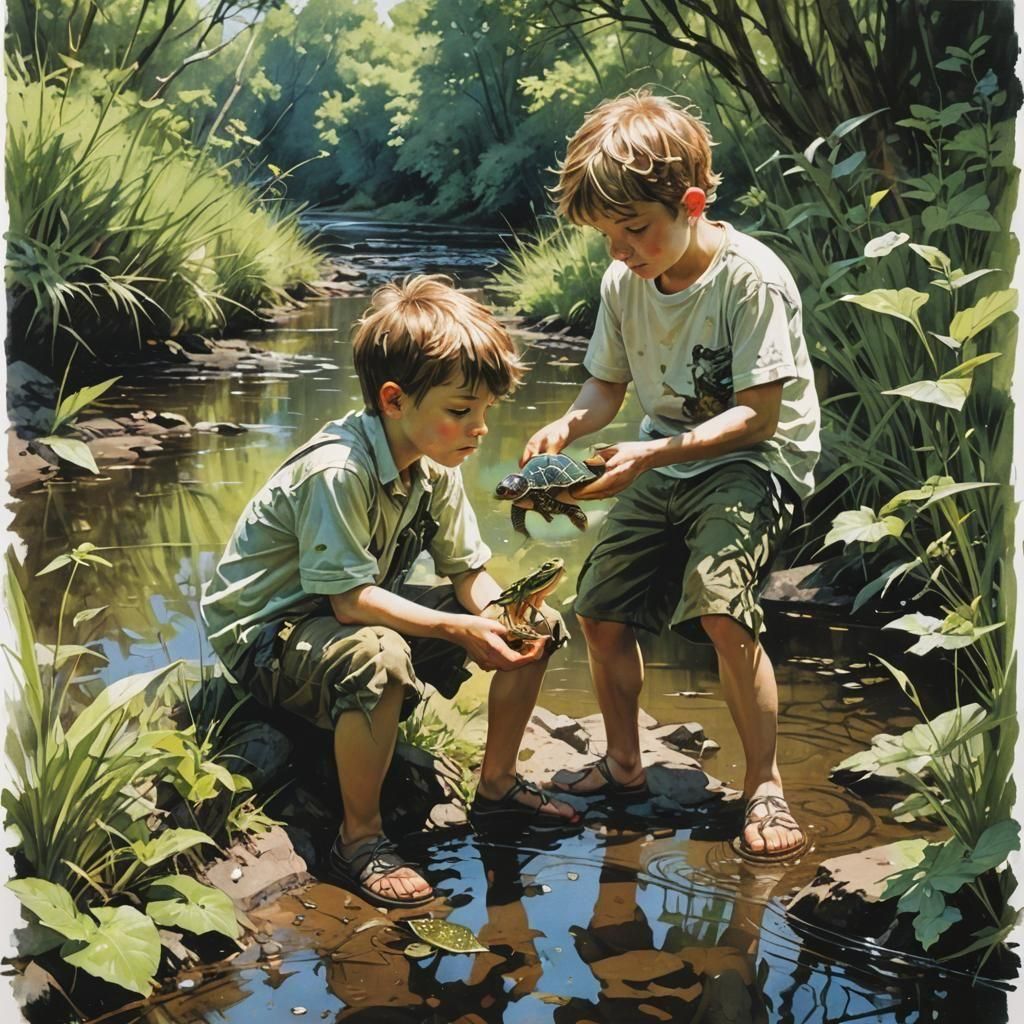 Boy Catches Turtle on Summer Day