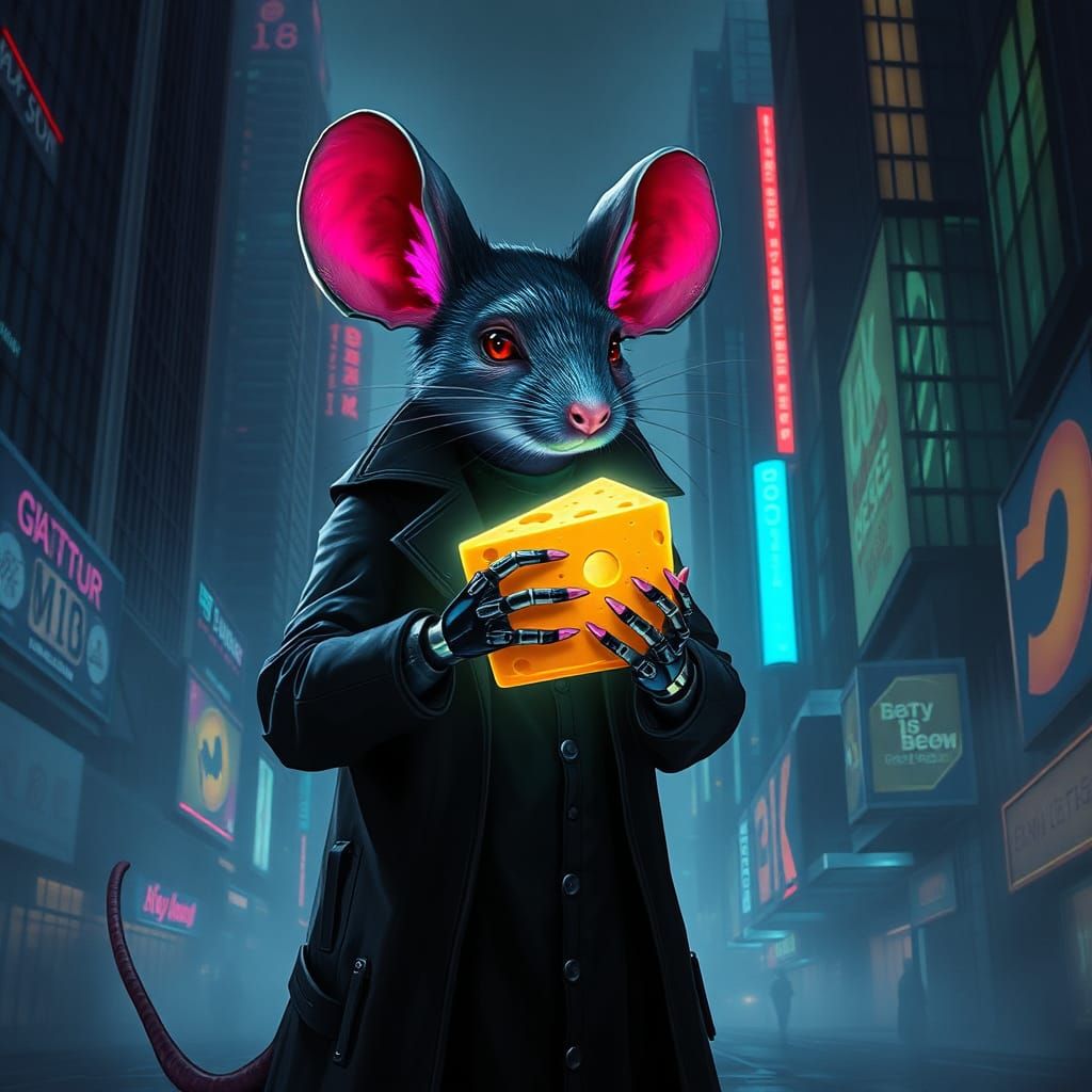 Cyberpunk Mouse with Hi-Tech Cheese in Neon City