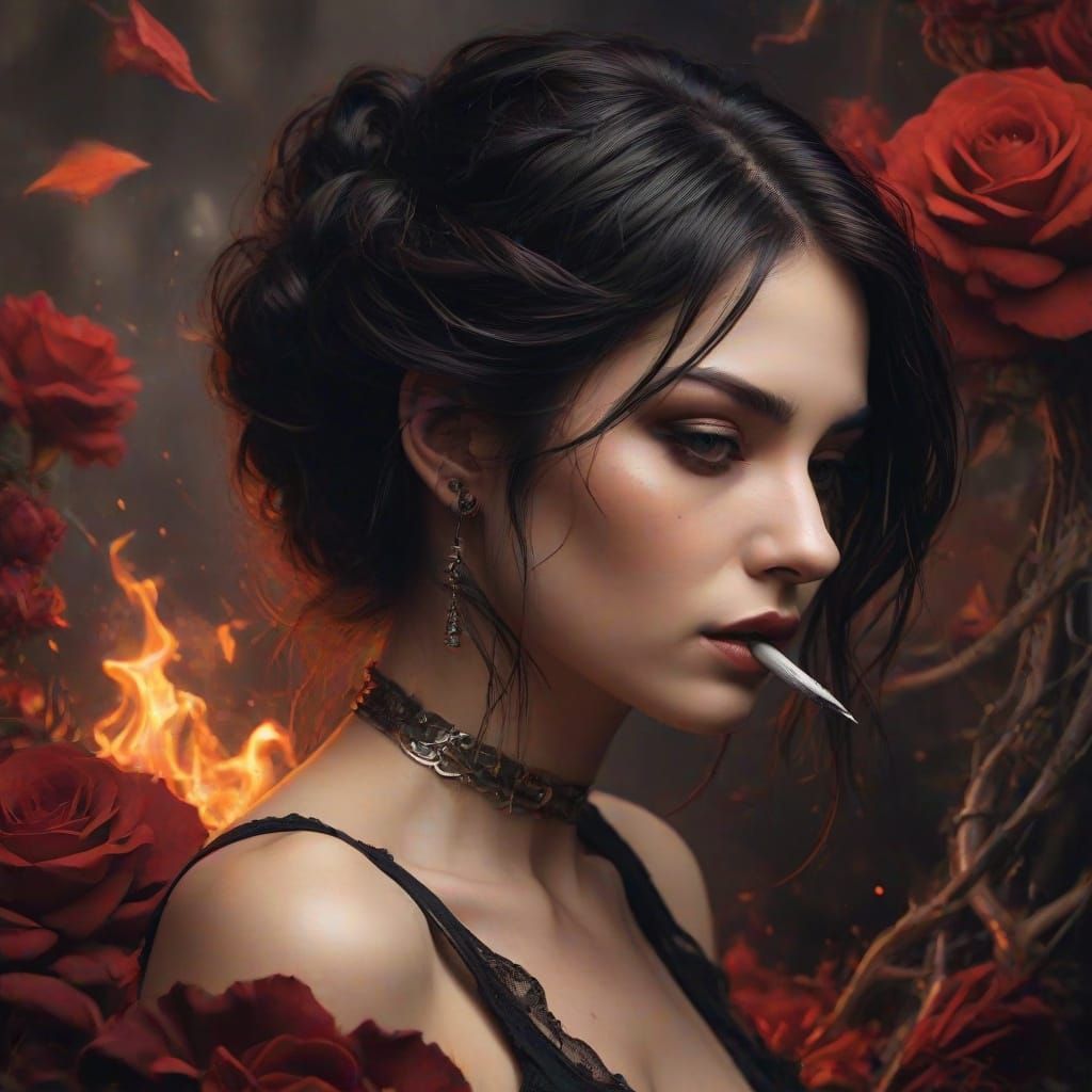 Dark Academia Woman with Dagger and Roses