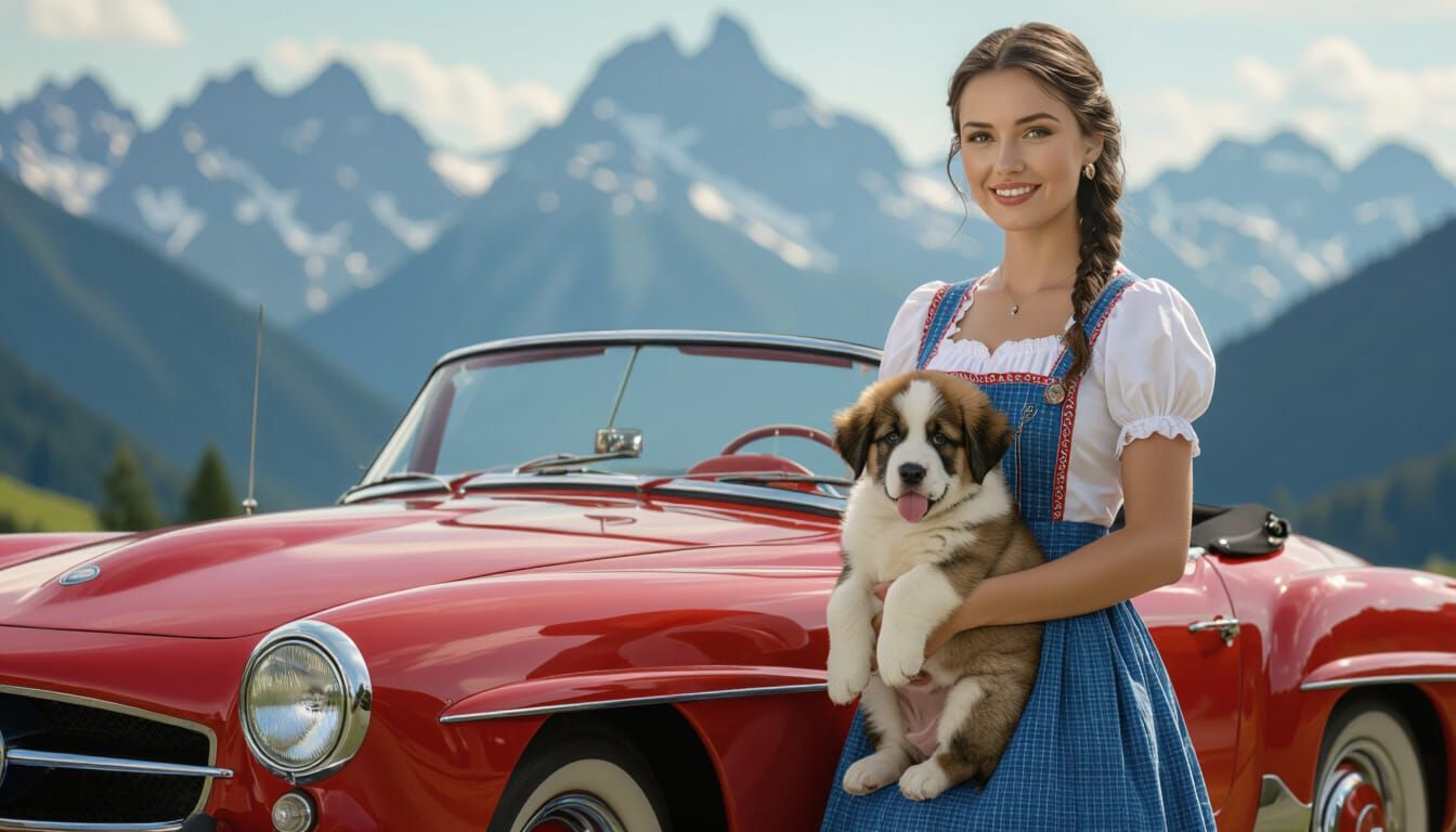 Woman in Dirndl with Vintage Mercedes and Alpine Backdrop