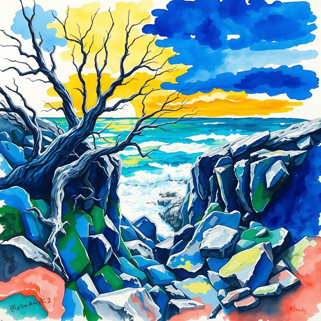 Expressive Watercolour Landscape in Vibrant, High-Contrast H...