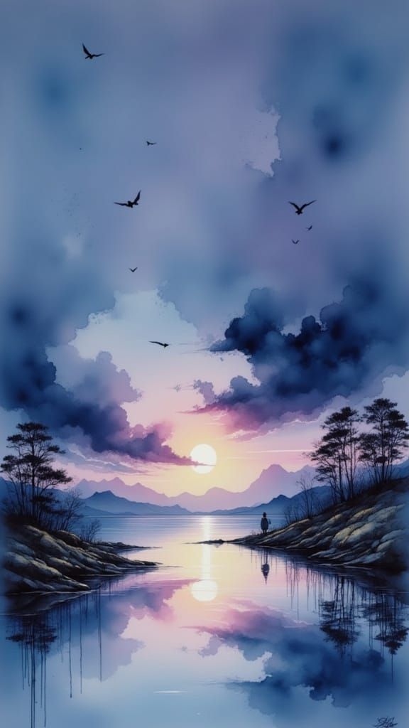 Ink Wash Sunrise Over Indigo Landscape